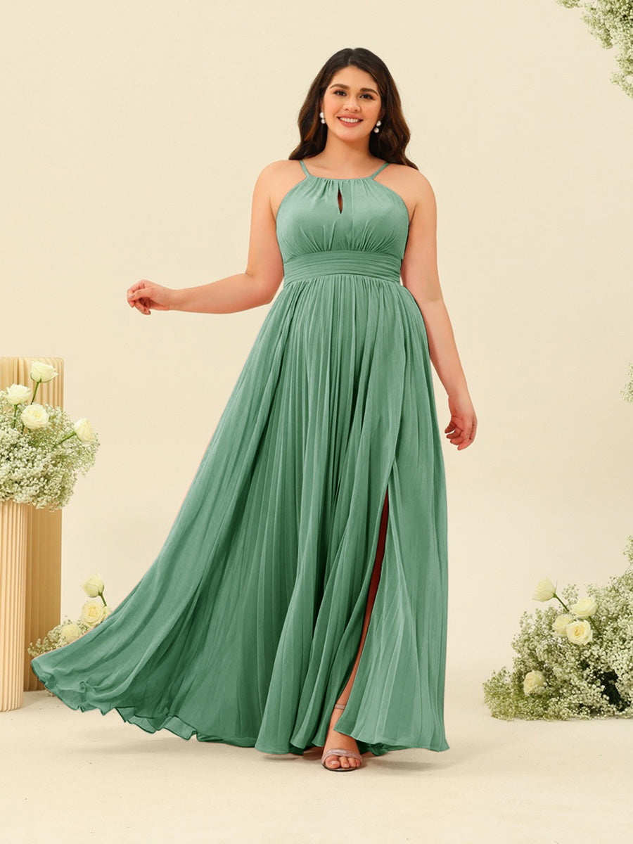 A-Line/Princess Halter Plus Size Long Bridesmaid Dresses with Split Side & Ruffles