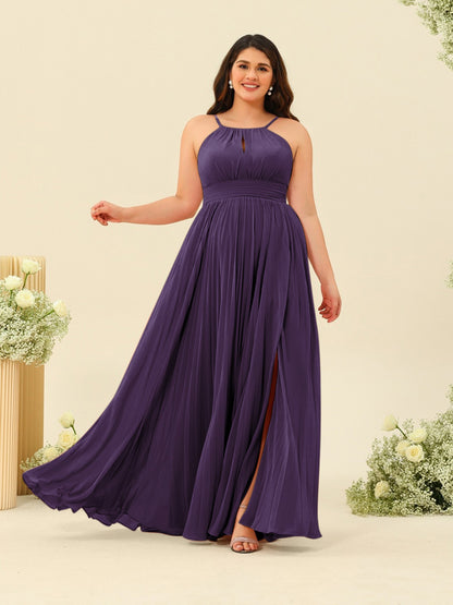 A-Line/Princess Halter Plus Size Long Bridesmaid Dresses with Split Side & Ruffles