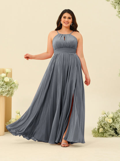 A-Line/Princess Halter Plus Size Long Bridesmaid Dresses with Split Side & Ruffles