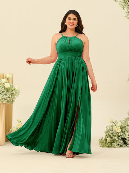 A-Line/Princess Halter Plus Size Long Bridesmaid Dresses with Split Side & Ruffles