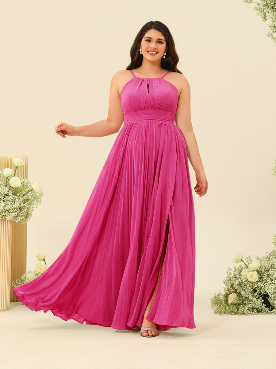A-Line/Princess Halter Plus Size Long Bridesmaid Dresses with Split Side & Ruffles