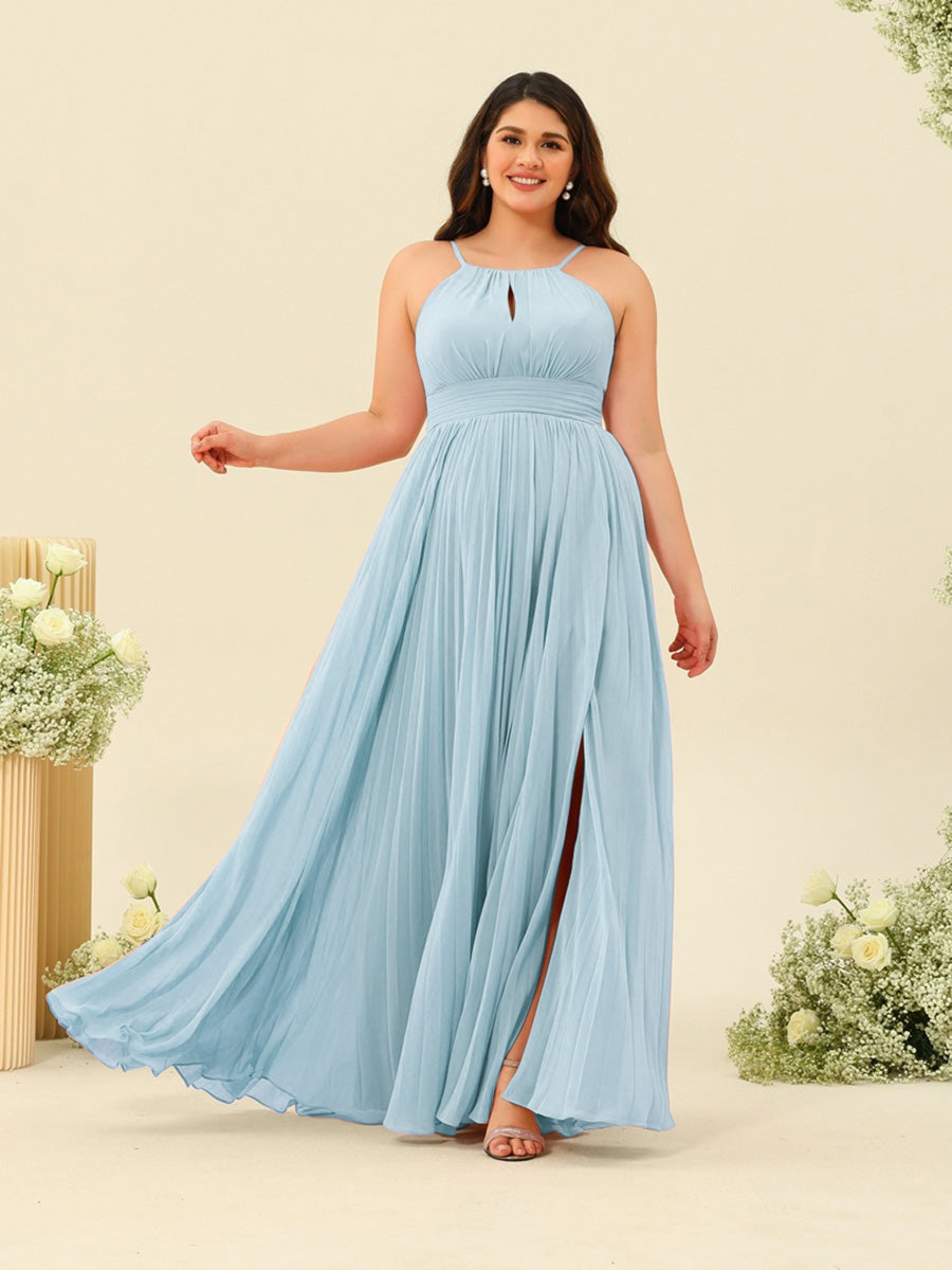 A-Line/Princess Halter Plus Size Long Bridesmaid Dresses with Split Side & Ruffles