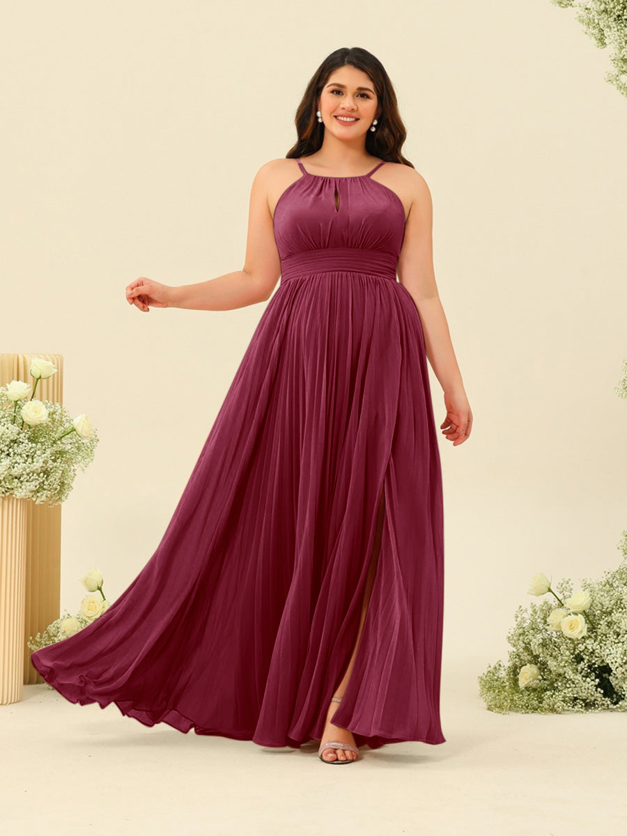 A-Line/Princess Halter Plus Size Long Bridesmaid Dresses with Split Side & Ruffles