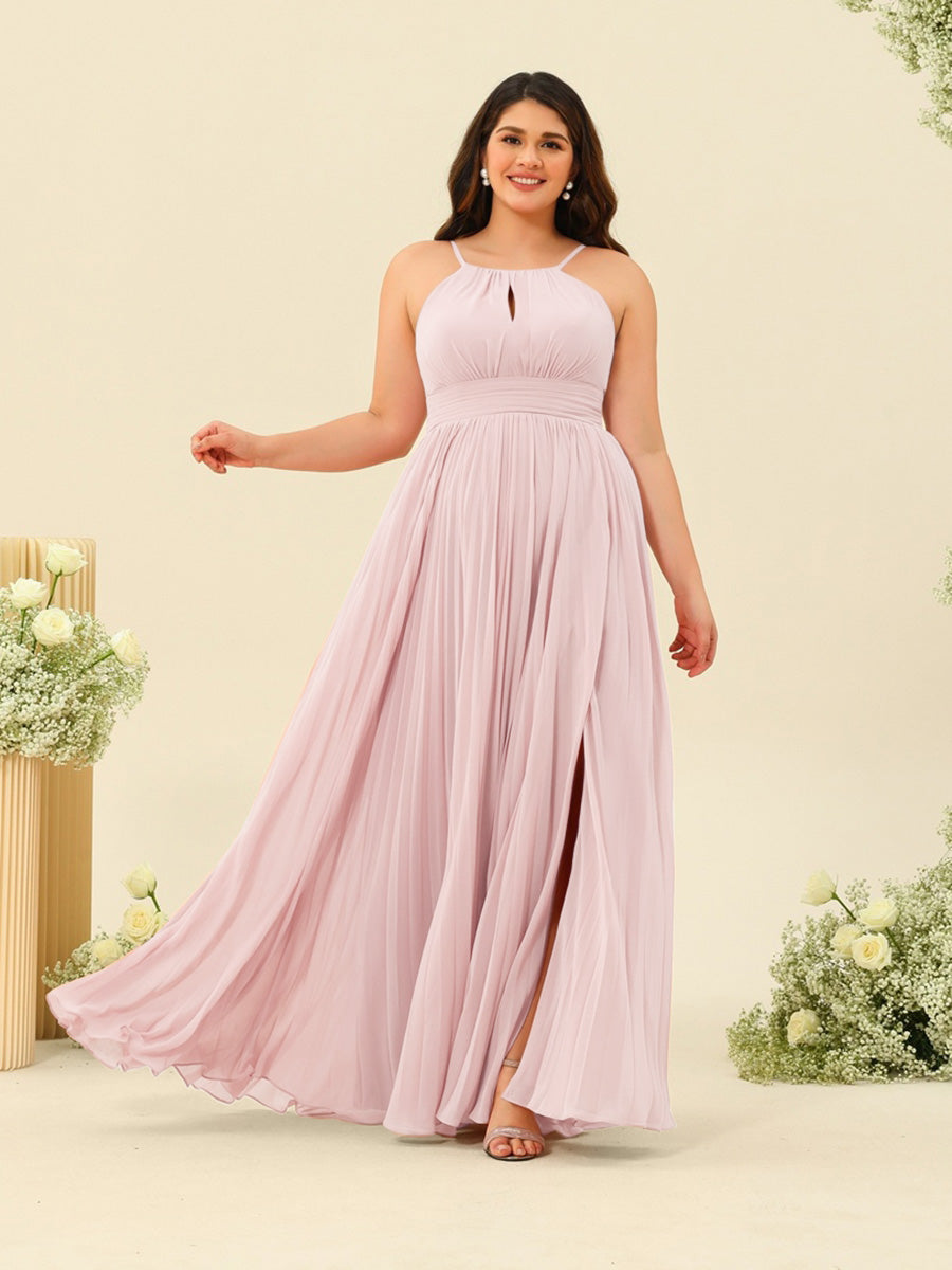 A-Line/Princess Halter Plus Size Long Bridesmaid Dresses with Split Side & Ruffles