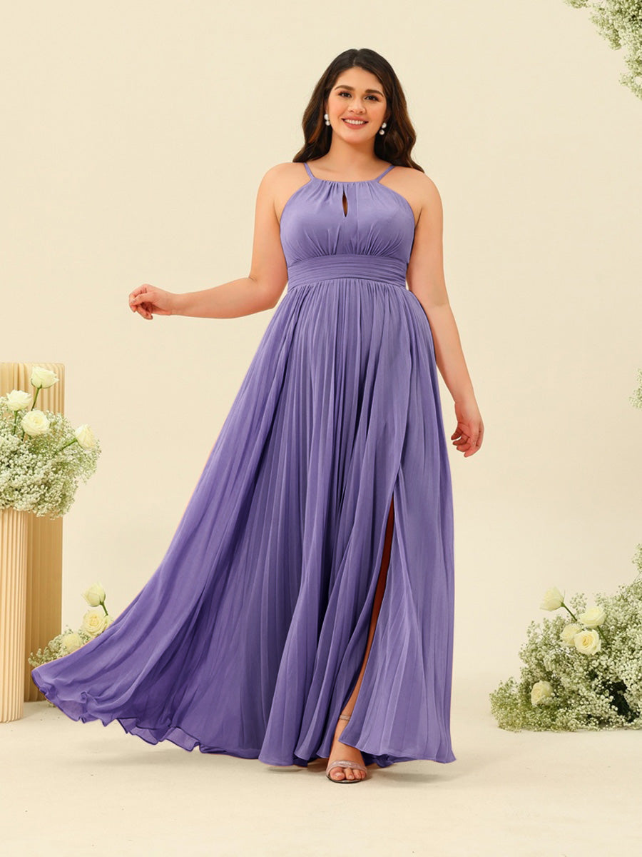 A-Line/Princess Halter Plus Size Long Bridesmaid Dresses with Split Side & Ruffles