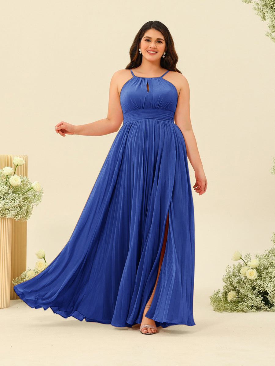 A-Line/Princess Halter Plus Size Long Bridesmaid Dresses with Split Side & Ruffles