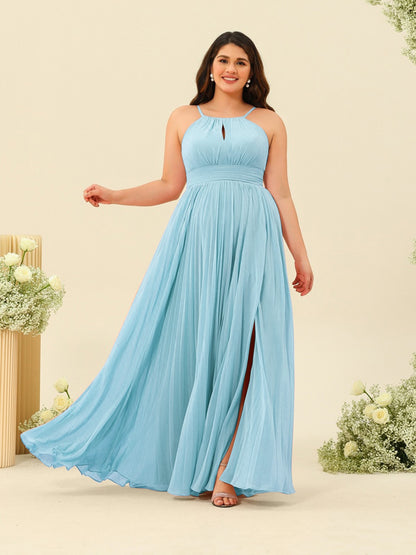 A-Line/Princess Halter Plus Size Long Bridesmaid Dresses with Split Side & Ruffles