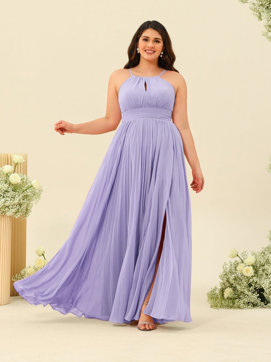A-Line/Princess Halter Plus Size Long Bridesmaid Dresses with Split Side & Ruffles