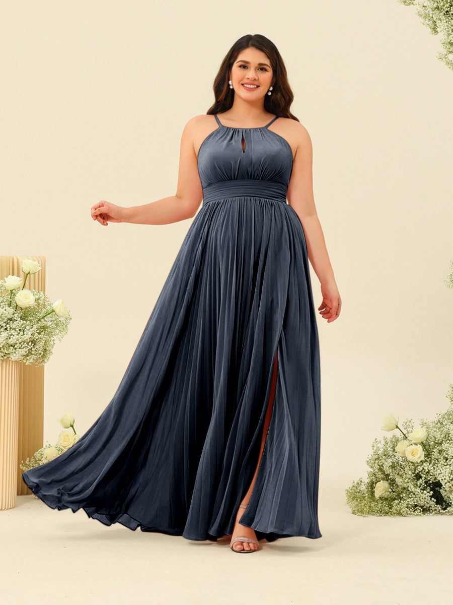 A-Line/Princess Halter Plus Size Long Bridesmaid Dresses with Split Side & Ruffles