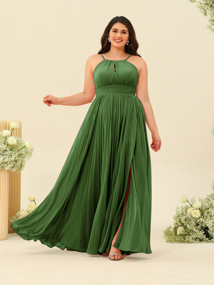A-Line/Princess Halter Plus Size Long Bridesmaid Dresses with Split Side & Ruffles