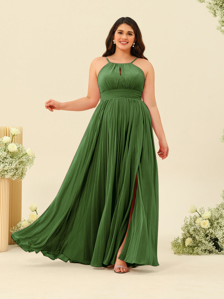 A-Line/Princess Halter Plus Size Long Bridesmaid Dresses with Split Side & Ruffles