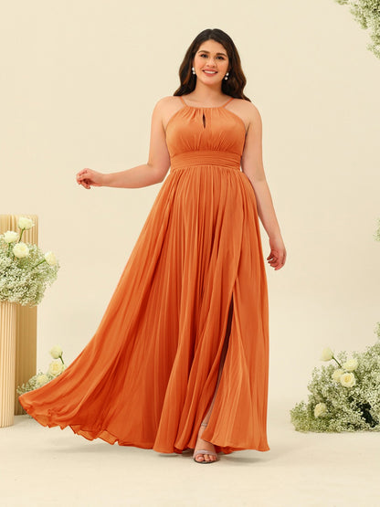 A-Line/Princess Halter Plus Size Long Bridesmaid Dresses with Split Side & Ruffles