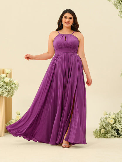 A-Line/Princess Halter Plus Size Long Bridesmaid Dresses with Split Side & Ruffles