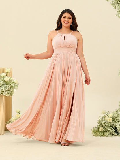 A-Line/Princess Halter Plus Size Long Bridesmaid Dresses with Split Side & Ruffles