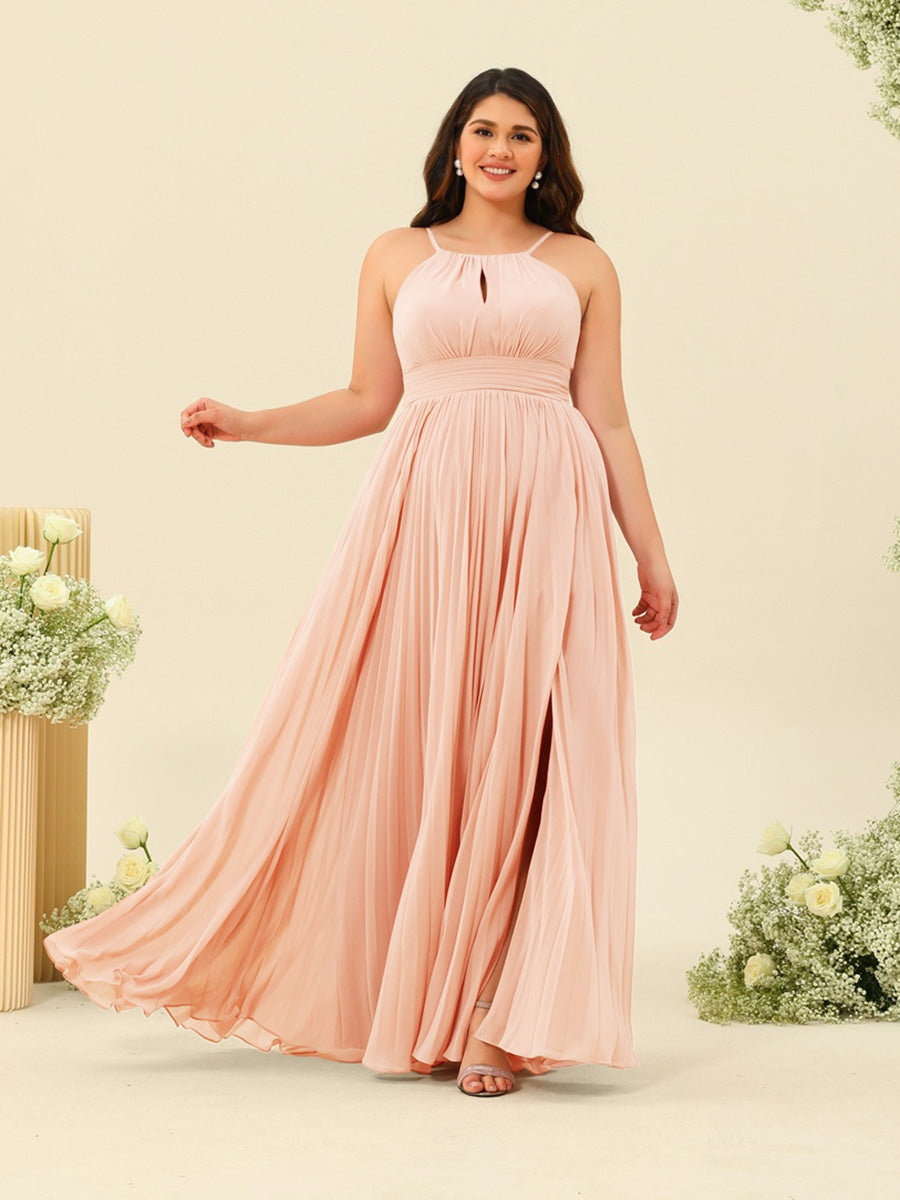 A-Line/Princess Halter Plus Size Long Bridesmaid Dresses with Split Side & Ruffles