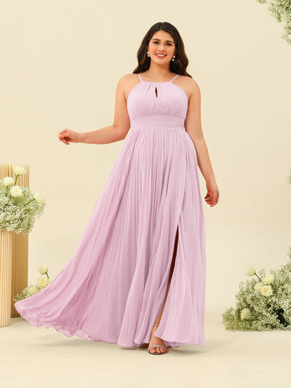 A-Line/Princess Halter Plus Size Long Bridesmaid Dresses with Split Side & Ruffles