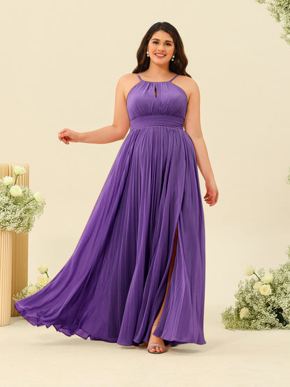 A-Line/Princess Halter Plus Size Long Bridesmaid Dresses with Split Side & Ruffles