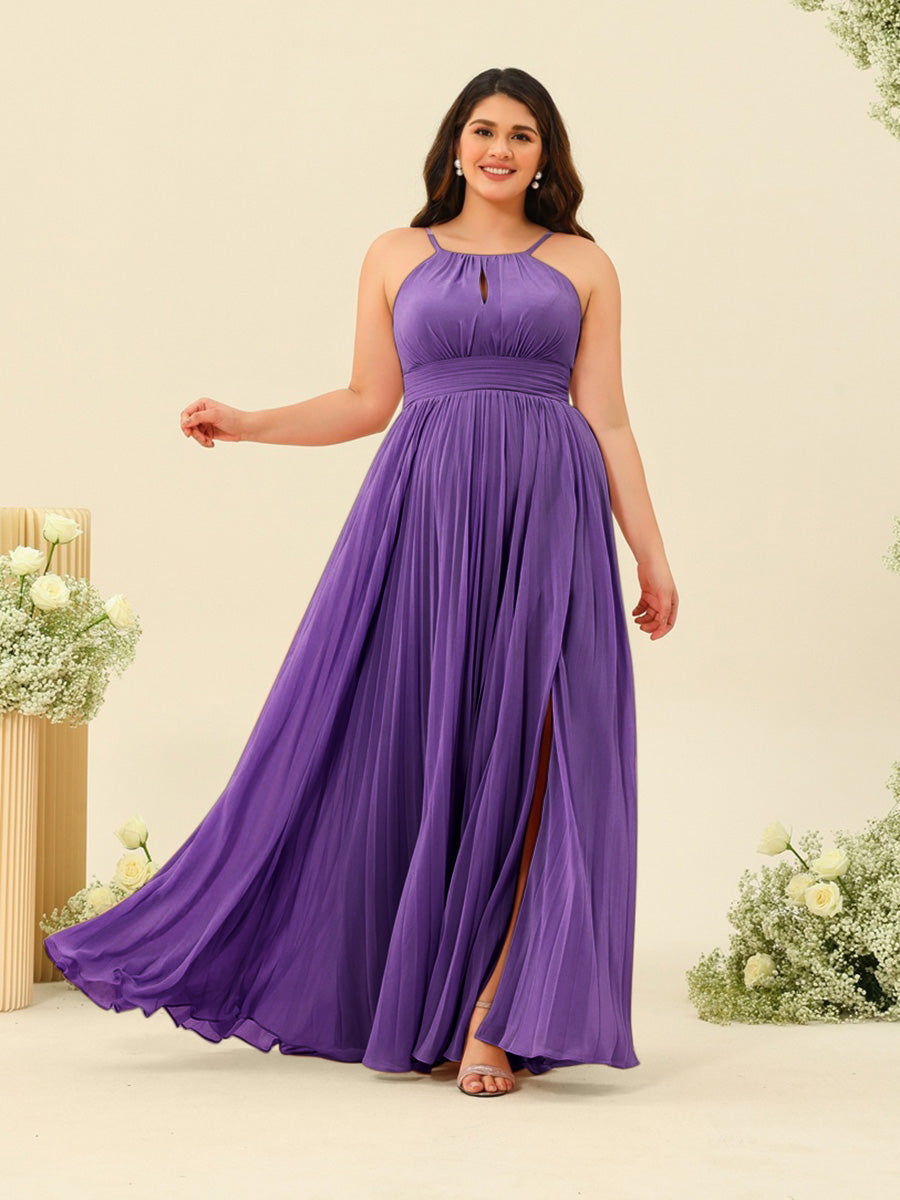 A-Line/Princess Halter Plus Size Long Bridesmaid Dresses with Split Side & Ruffles