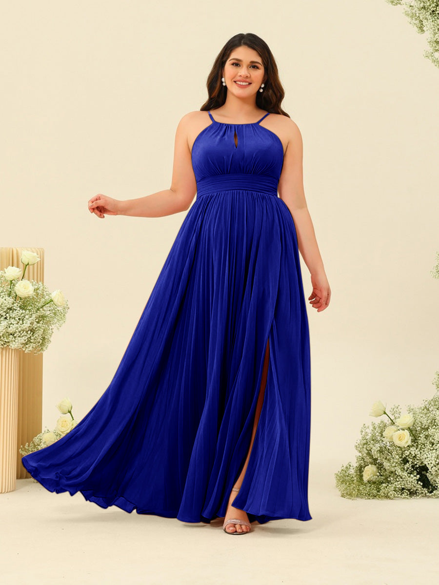 A-Line/Princess Halter Plus Size Long Bridesmaid Dresses with Split Side & Ruffles
