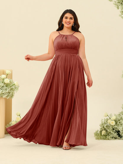 A-Line/Princess Halter Plus Size Long Bridesmaid Dresses with Split Side & Ruffles