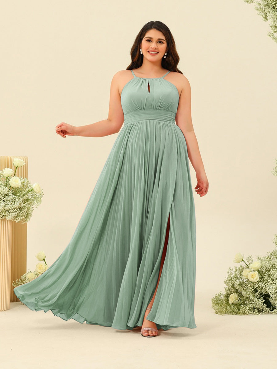 A-Line/Princess Halter Plus Size Long Bridesmaid Dresses with Split Side & Ruffles