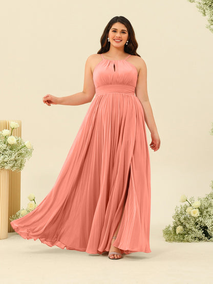 A-Line/Princess Halter Plus Size Long Bridesmaid Dresses with Split Side & Ruffles
