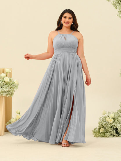 A-Line/Princess Halter Plus Size Long Bridesmaid Dresses with Split Side & Ruffles