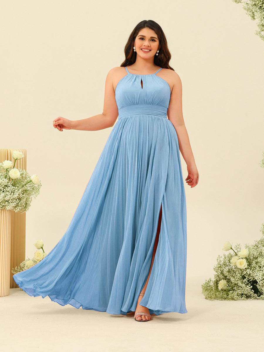 A-Line/Princess Halter Plus Size Long Bridesmaid Dresses with Split Side & Ruffles