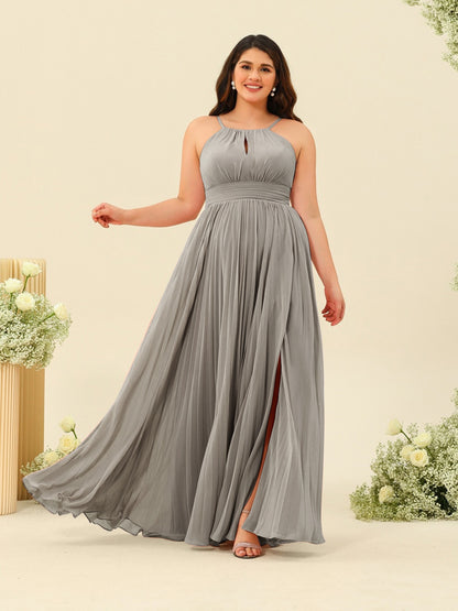 A-Line/Princess Halter Plus Size Long Bridesmaid Dresses with Split Side & Ruffles