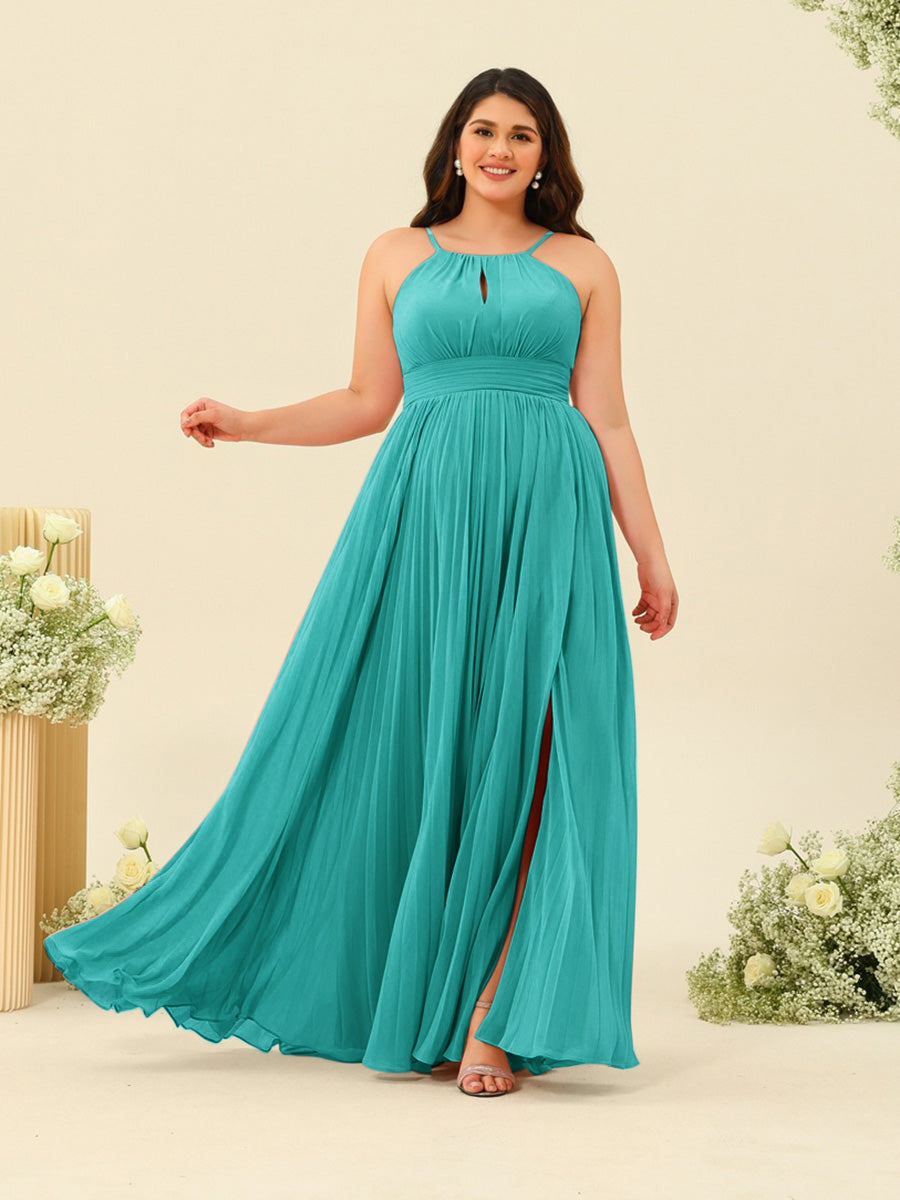 A-Line/Princess Halter Plus Size Long Bridesmaid Dresses with Split Side & Ruffles