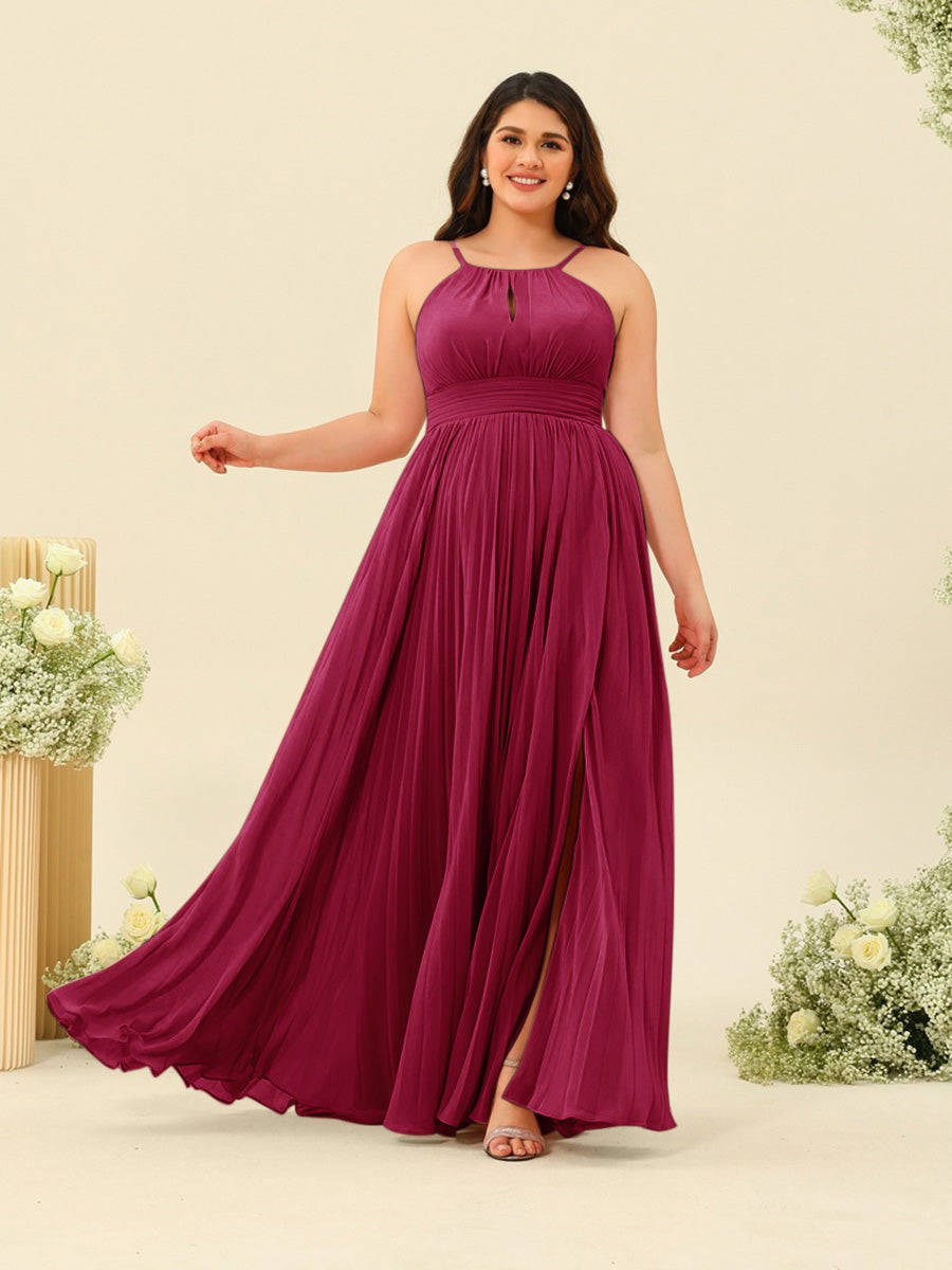 A-Line/Princess Halter Plus Size Long Bridesmaid Dresses with Split Side & Ruffles
