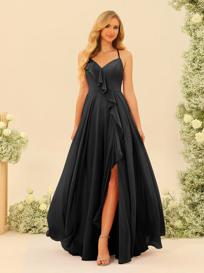 A-Line/Princess Spaghetti Straps V-Neck Long Bridesmaid Dresses with Split Side & Ruffles