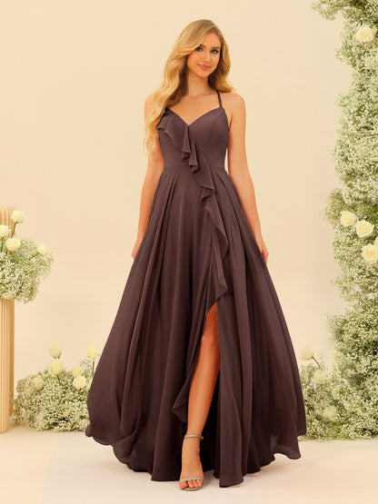 A-Line/Princess Spaghetti Straps V-Neck Long Bridesmaid Dresses with Split Side & Ruffles