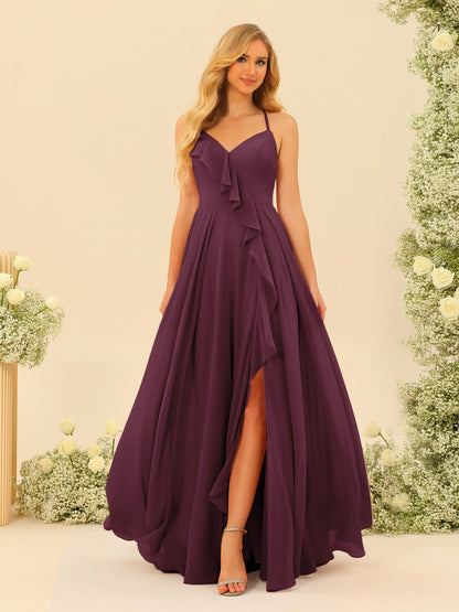 A-Line/Princess Spaghetti Straps V-Neck Long Bridesmaid Dresses with Split Side & Ruffles