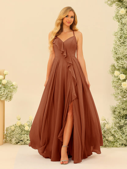 A-Line/Princess Spaghetti Straps V-Neck Long Bridesmaid Dresses with Split Side & Ruffles