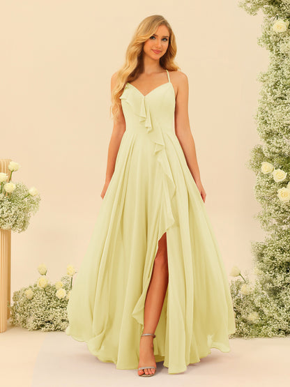 A-Line/Princess Spaghetti Straps V-Neck Long Bridesmaid Dresses with Split Side & Ruffles