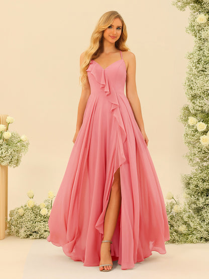 A-Line/Princess Spaghetti Straps V-Neck Long Bridesmaid Dresses with Split Side & Ruffles
