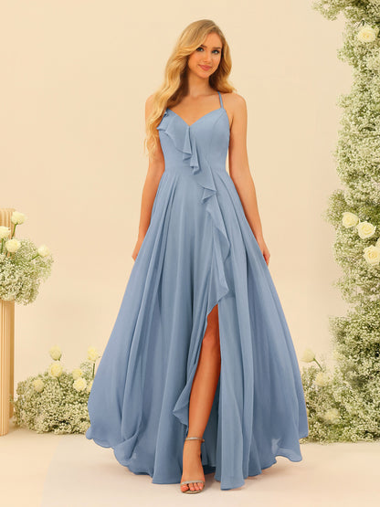 A-Line/Princess Spaghetti Straps V-Neck Long Bridesmaid Dresses with Split Side & Ruffles
