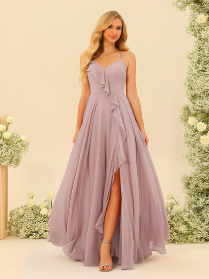 A-Line/Princess Spaghetti Straps V-Neck Long Bridesmaid Dresses with Split Side & Ruffles