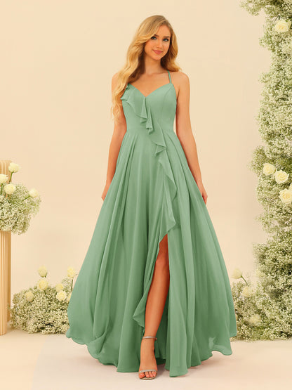 A-Line/Princess Spaghetti Straps V-Neck Long Bridesmaid Dresses with Split Side & Ruffles