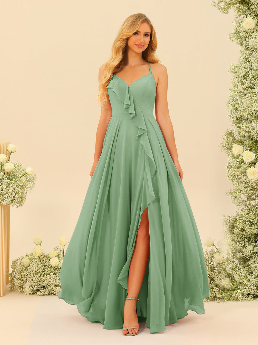 A-Line/Princess Spaghetti Straps V-Neck Long Bridesmaid Dresses with Split Side & Ruffles