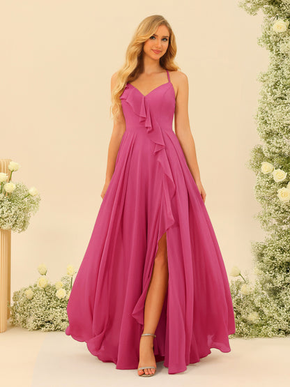 A-Line/Princess Spaghetti Straps V-Neck Long Bridesmaid Dresses with Split Side & Ruffles