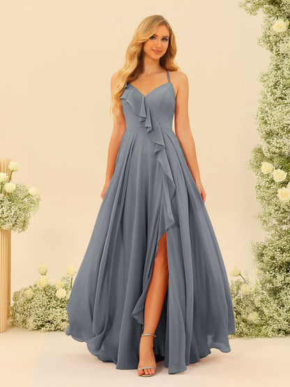 A-Line/Princess Spaghetti Straps V-Neck Long Bridesmaid Dresses with Split Side & Ruffles