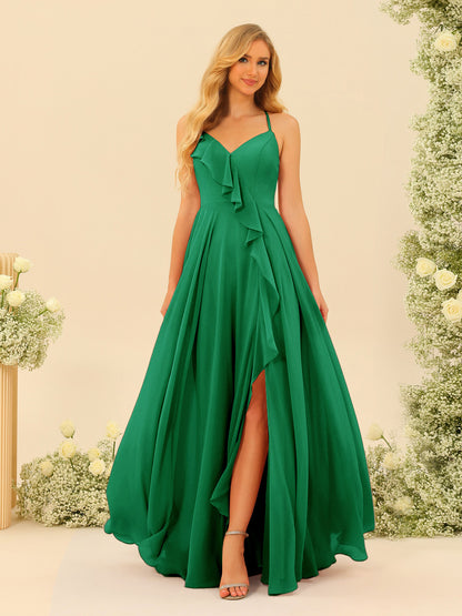 A-Line/Princess Spaghetti Straps V-Neck Long Bridesmaid Dresses with Split Side & Ruffles