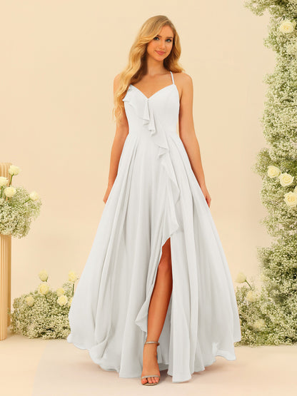 A-Line/Princess Spaghetti Straps V-Neck Long Bridesmaid Dresses with Split Side & Ruffles