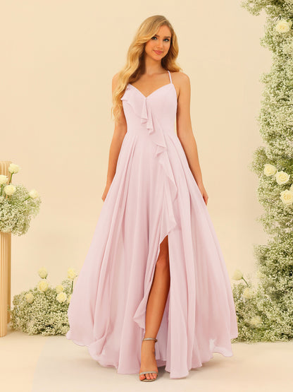 A-Line/Princess Spaghetti Straps V-Neck Long Bridesmaid Dresses with Split Side & Ruffles