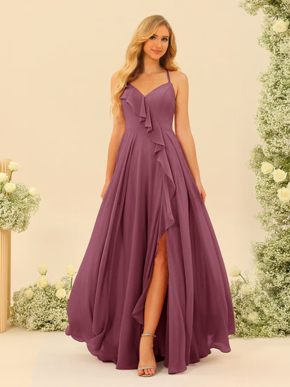 A-Line/Princess Spaghetti Straps V-Neck Long Bridesmaid Dresses with Split Side & Ruffles