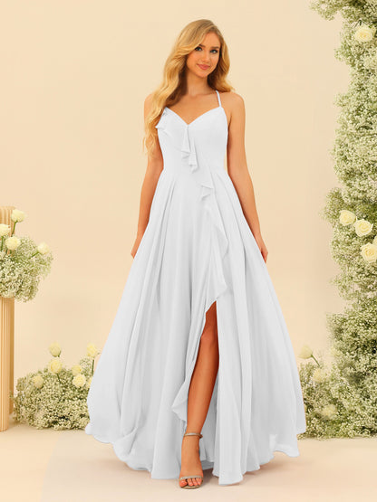 A-Line/Princess Spaghetti Straps V-Neck Long Bridesmaid Dresses with Split Side & Ruffles