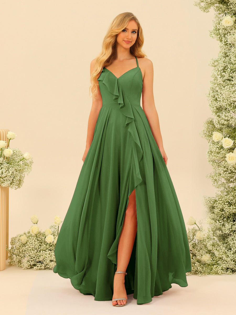 A-Line/Princess Spaghetti Straps V-Neck Long Bridesmaid Dresses with Split Side & Ruffles