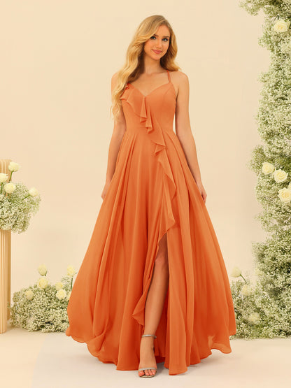 A-Line/Princess Spaghetti Straps V-Neck Long Bridesmaid Dresses with Split Side & Ruffles